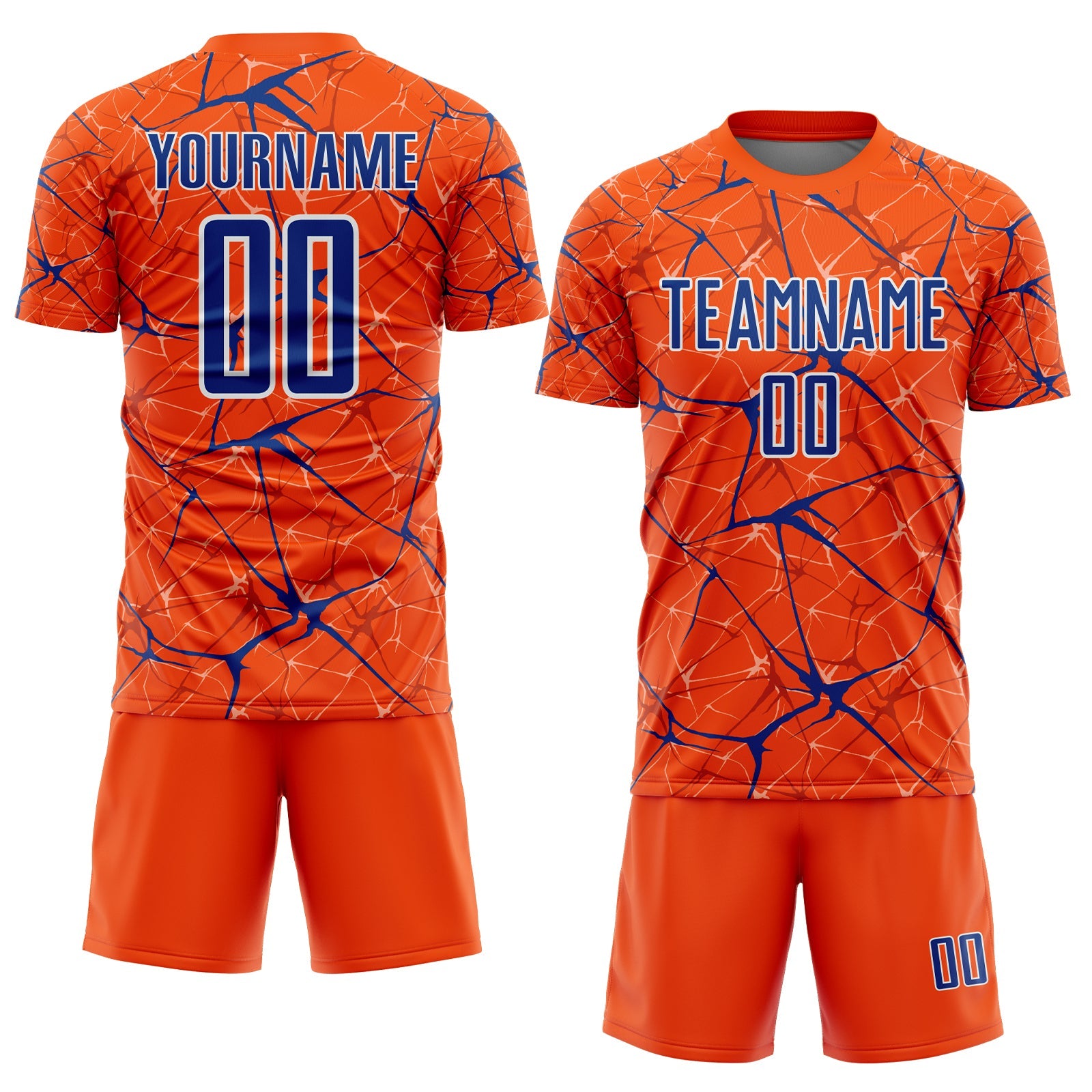 Custom Orange Royal-White Abstract Network Crackle Sublimation Soccer Uniform Jersey view 2