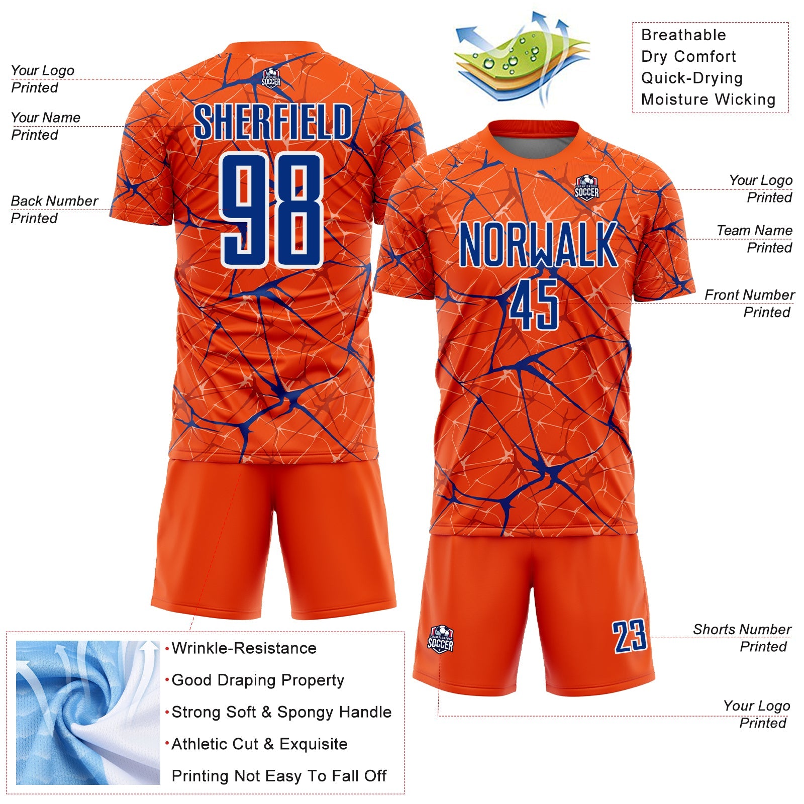 Custom Orange Royal-White Abstract Network Crackle Sublimation Soccer Uniform Jersey view 4