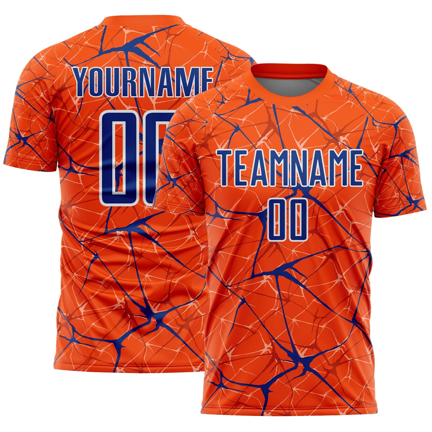 Custom Orange Royal-White Abstract Network Crackle Sublimation Soccer Uniform Jersey - Main View