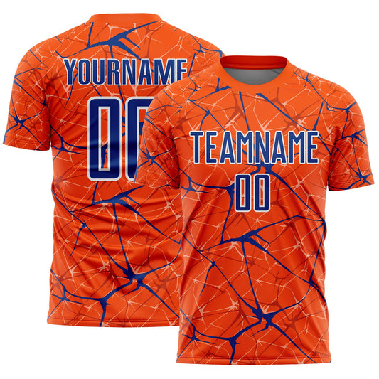 Custom Orange Royal-White Abstract Network Crackle Sublimation Soccer Uniform Jersey - Main View
