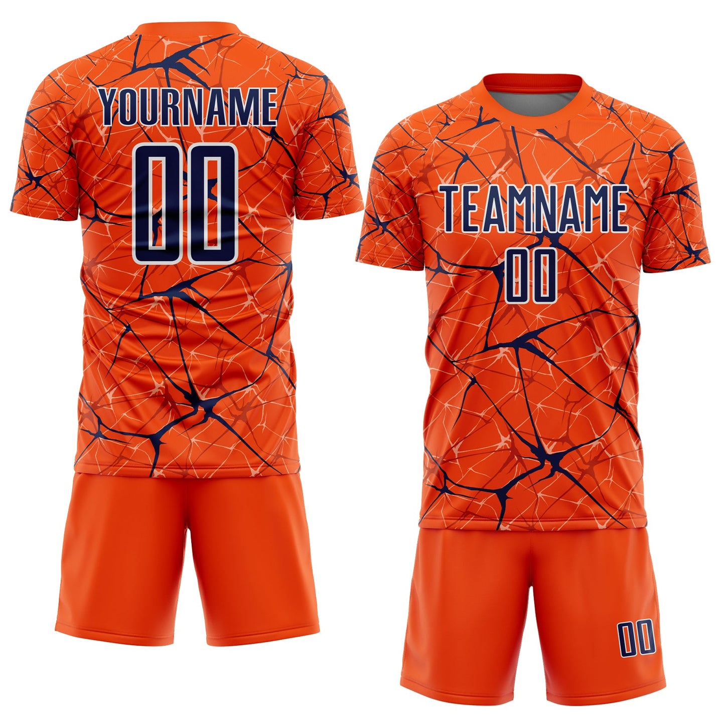 Custom Orange Navy-White Abstract Network Crackle Sublimation Soccer Uniform Jersey view 2