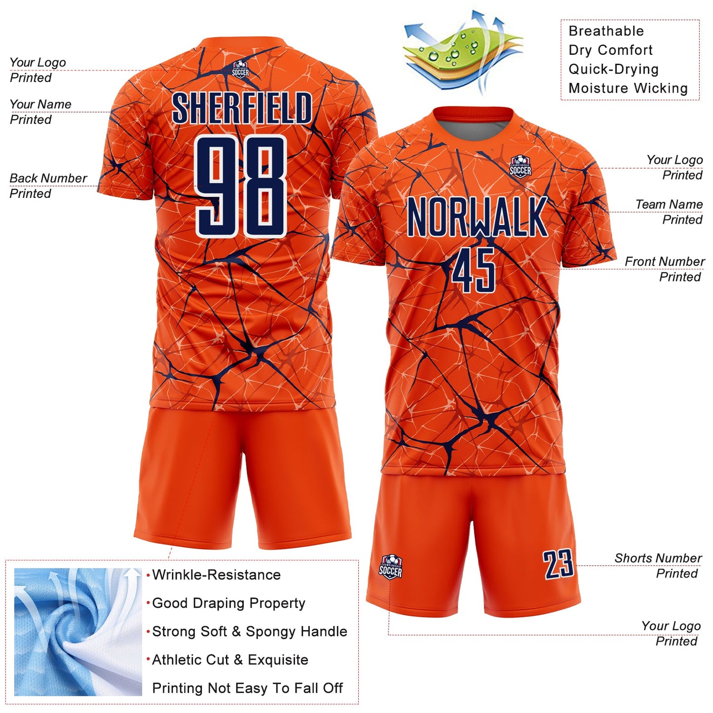 Custom Orange Navy-White Abstract Network Crackle Sublimation Soccer Uniform Jersey view 4
