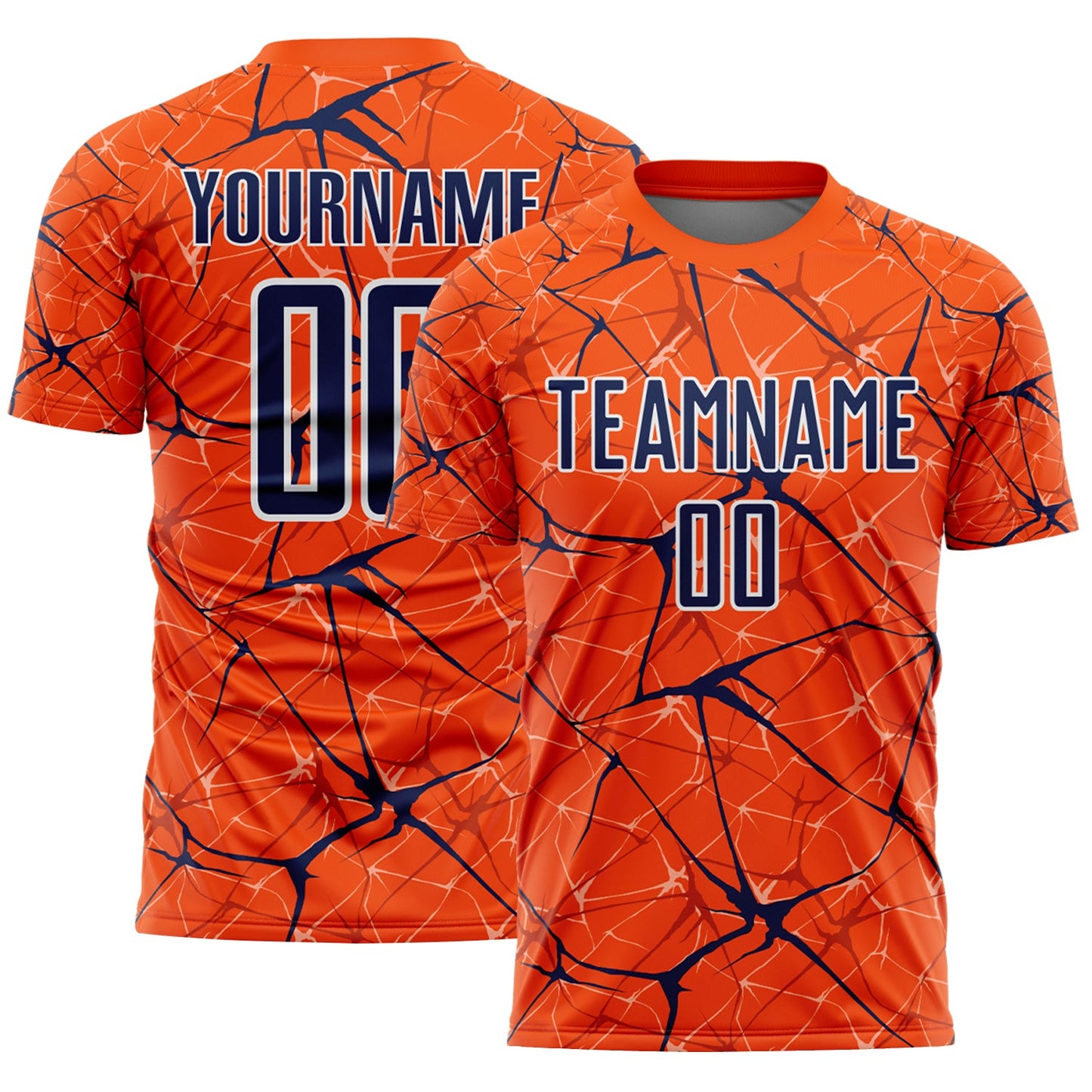 Custom Orange Navy-White Abstract Network Crackle Sublimation Soccer Uniform Jersey - Main View