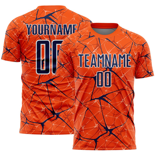 Custom Orange Navy-White Abstract Network Crackle Sublimation Soccer Uniform Jersey - Main View
