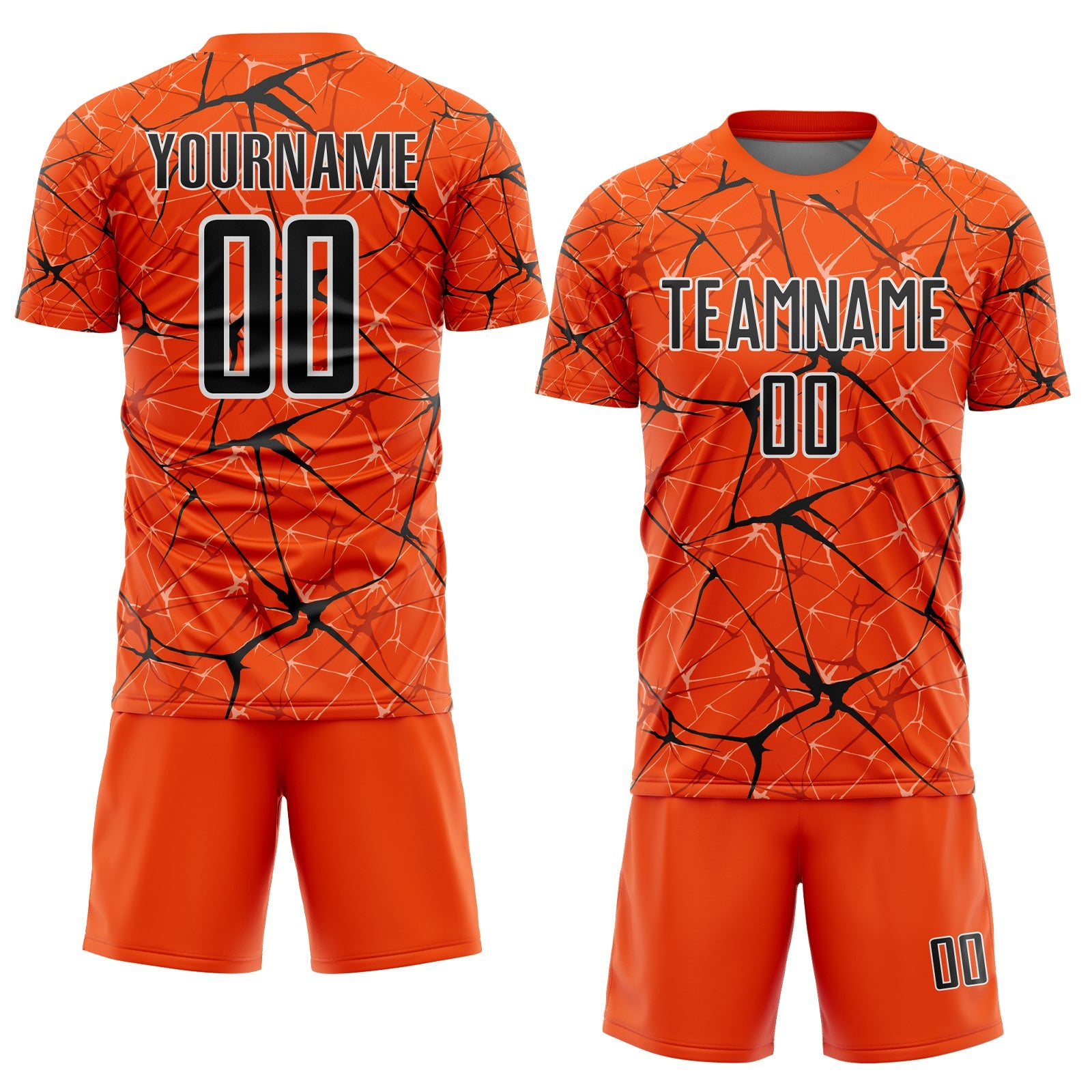 Custom Orange Black-White Abstract Network Crackle Sublimation Soccer Uniform Jersey view 2