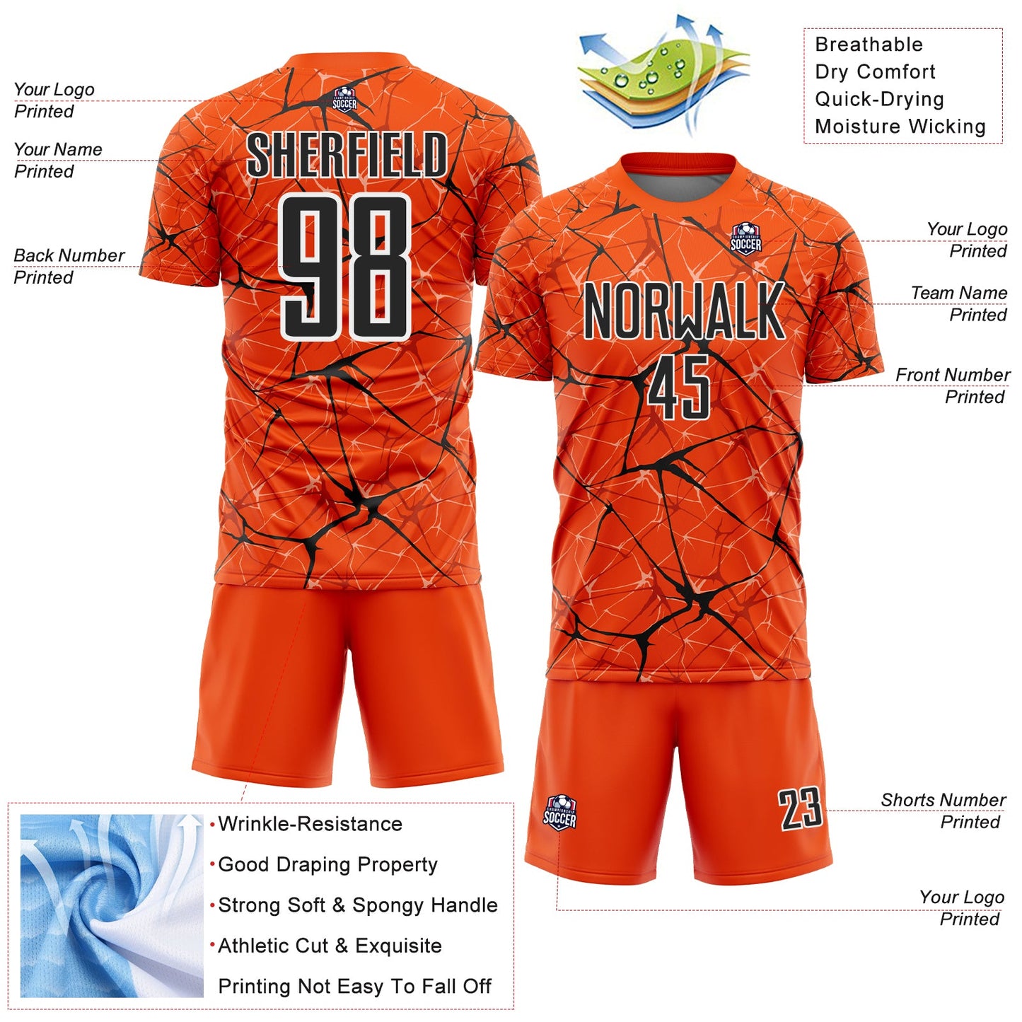 Custom Orange Black-White Abstract Network Crackle Sublimation Soccer Uniform Jersey view 4