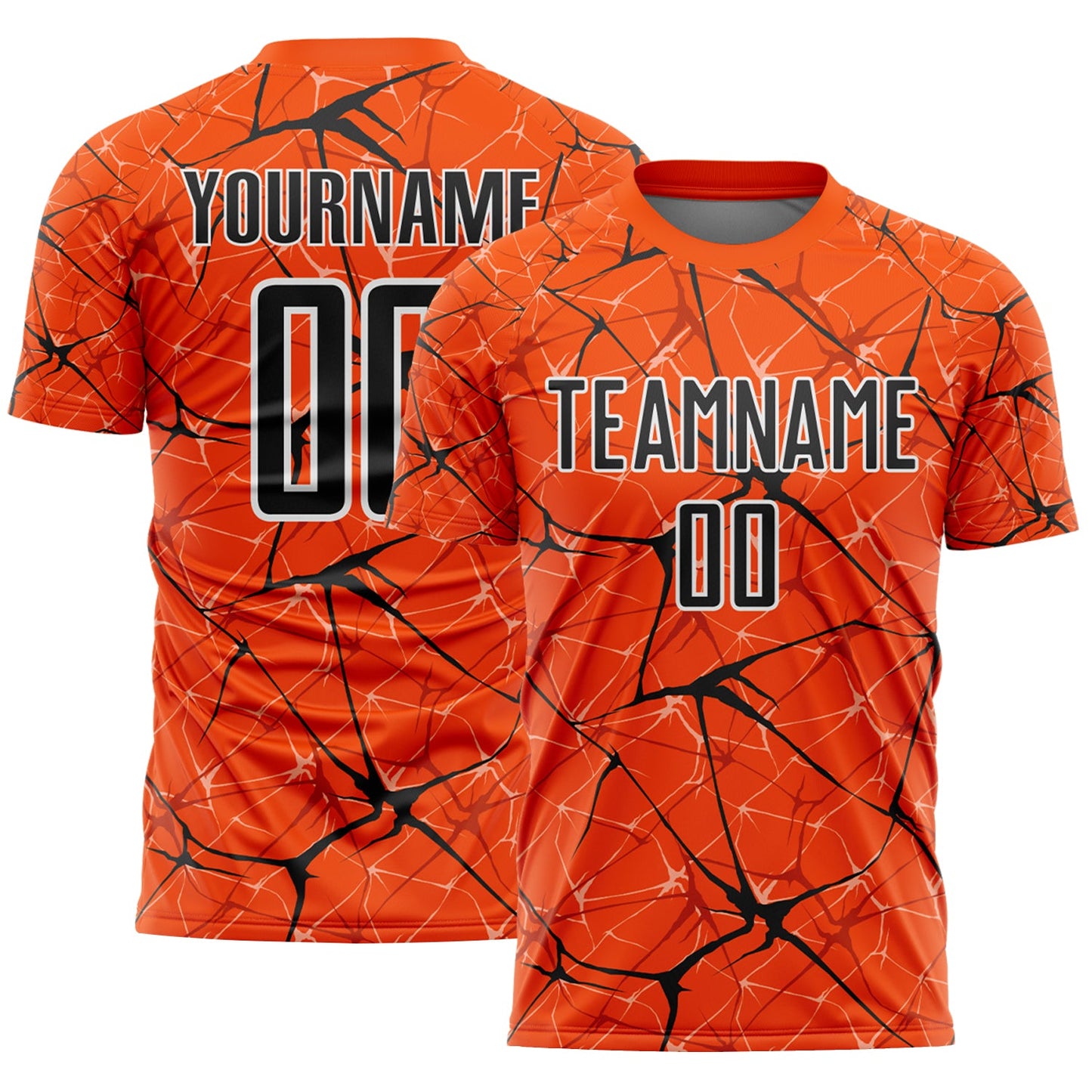Custom Orange Black-White Abstract Network Crackle Sublimation Soccer Uniform Jersey - Main View