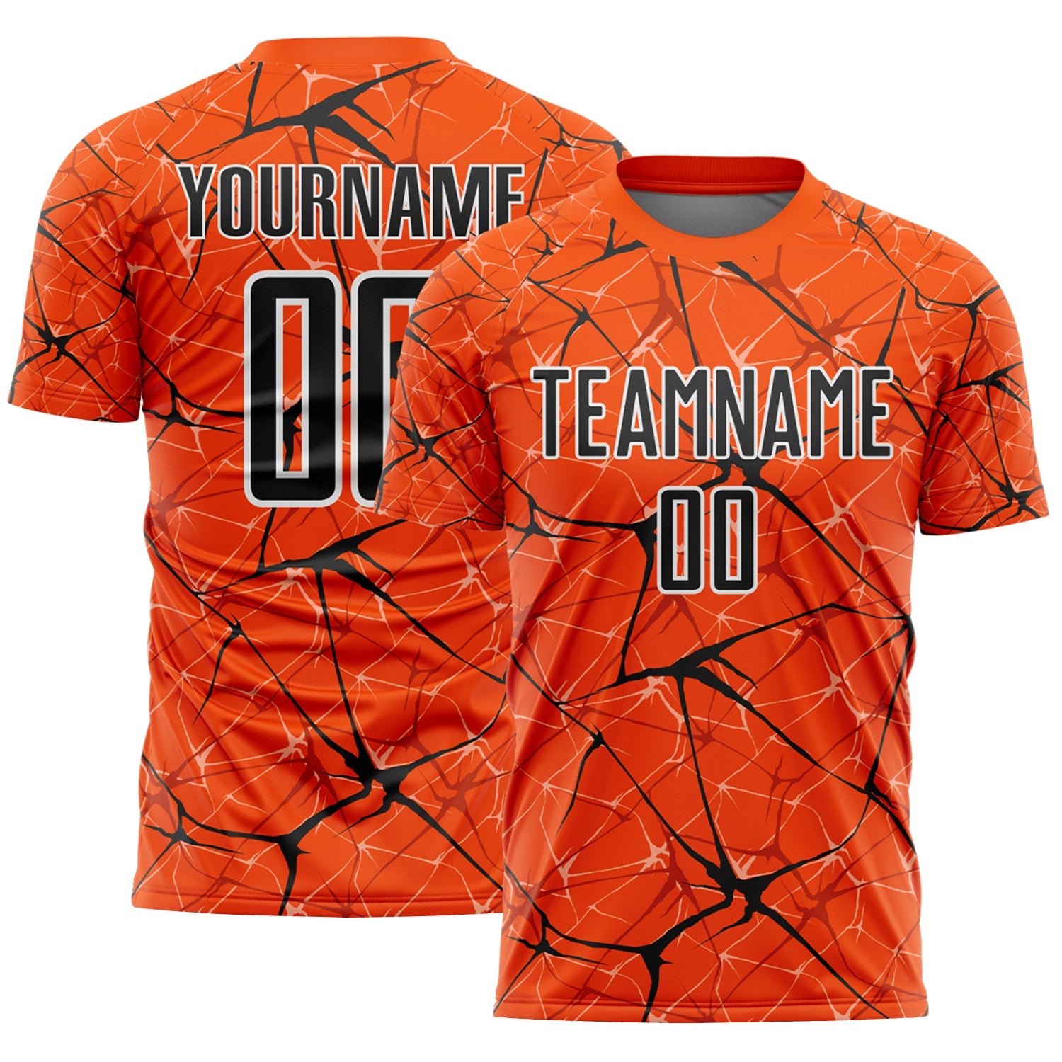 Custom Orange Black-White Abstract Network Crackle Sublimation Soccer Uniform Jersey - Main View