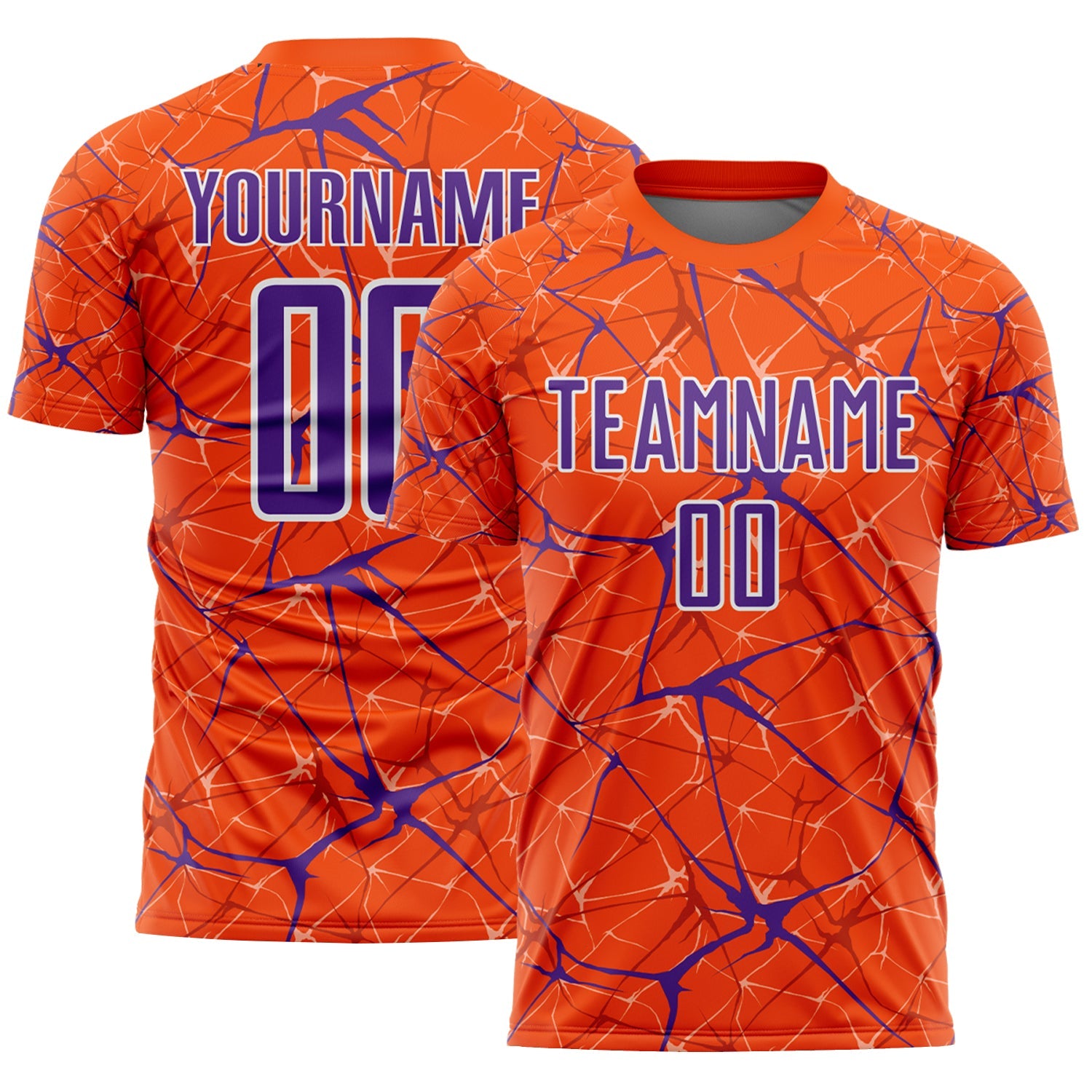 Custom Orange Purple-White Abstract Network Crackle Sublimation Soccer Uniform Jersey - Main View