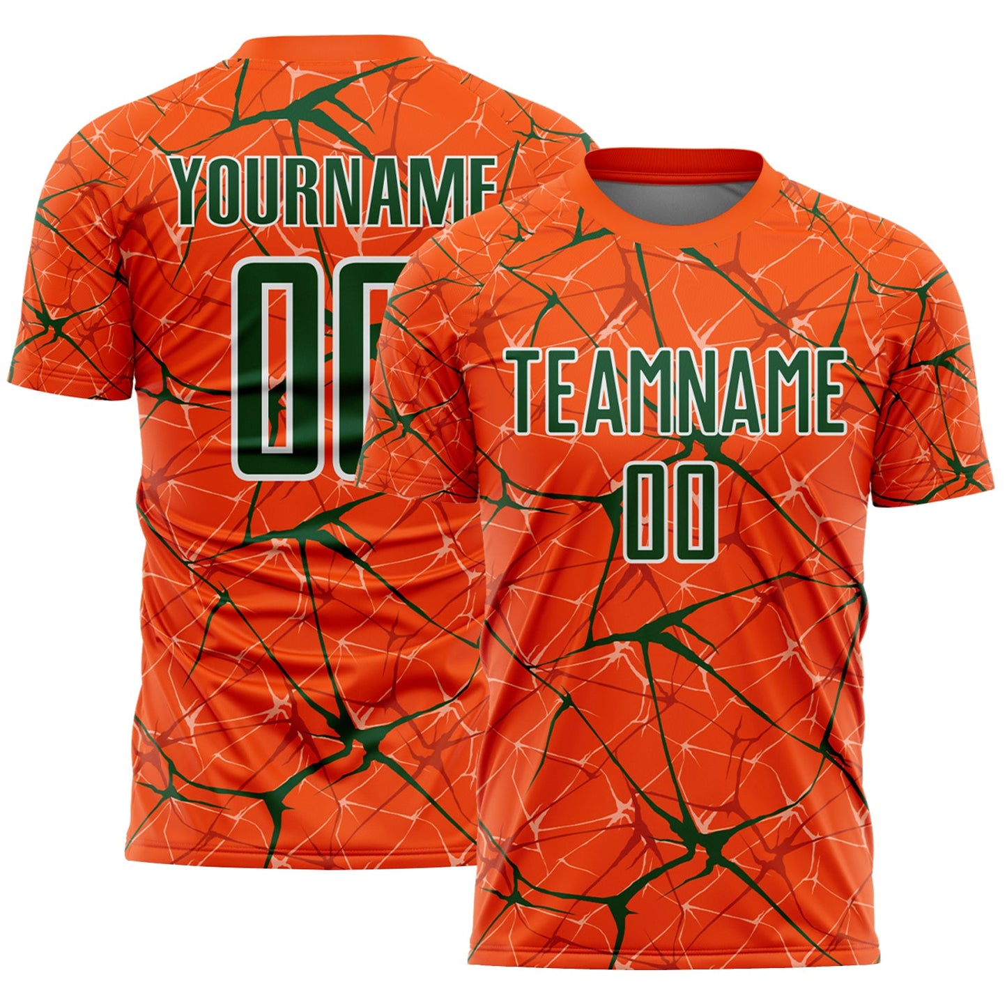 Custom Orange Green-White Abstract Network Crackle Sublimation Soccer Uniform Jersey - Main View