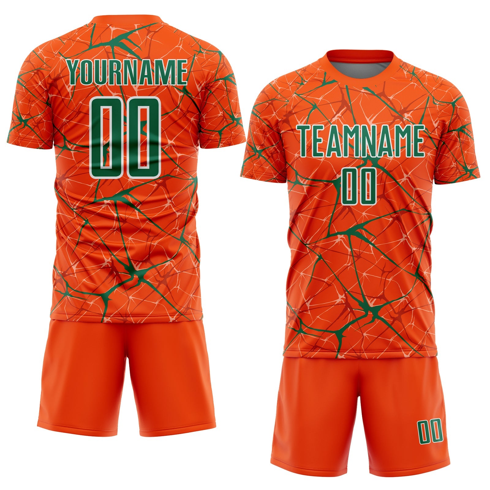 Custom Orange Kelly Green-White Abstract Network Crackle Sublimation Soccer Uniform Jersey view 2