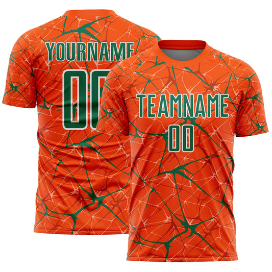 Custom Orange Kelly Green-White Abstract Network Crackle Sublimation Soccer Uniform Jersey - Main View