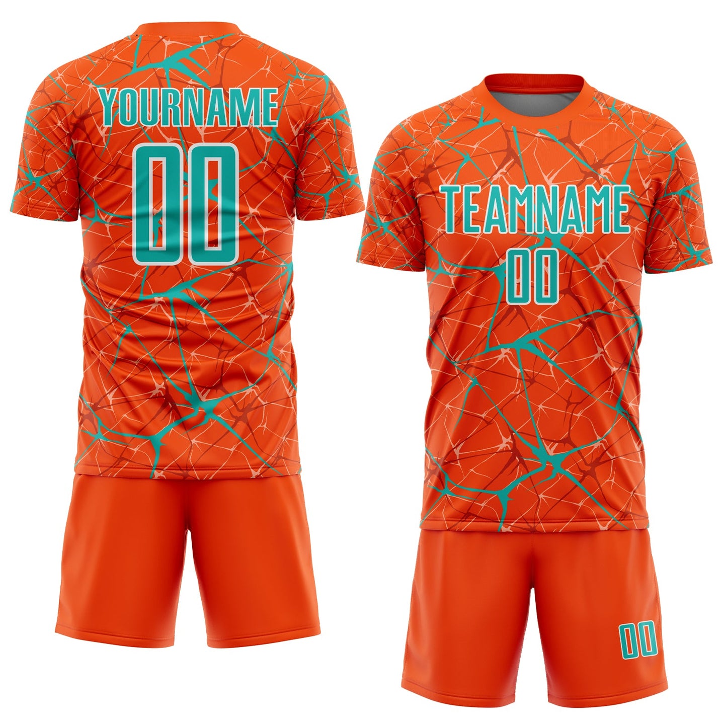 Custom Orange Aqua-White Abstract Network Crackle Sublimation Soccer Uniform Jersey view 2