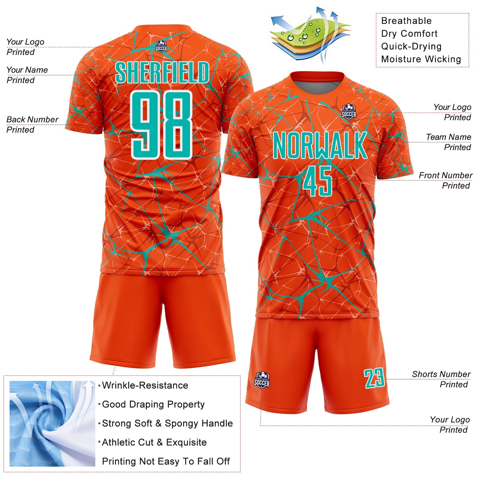 Custom Orange Aqua-White Abstract Network Crackle Sublimation Soccer Uniform Jersey view 4
