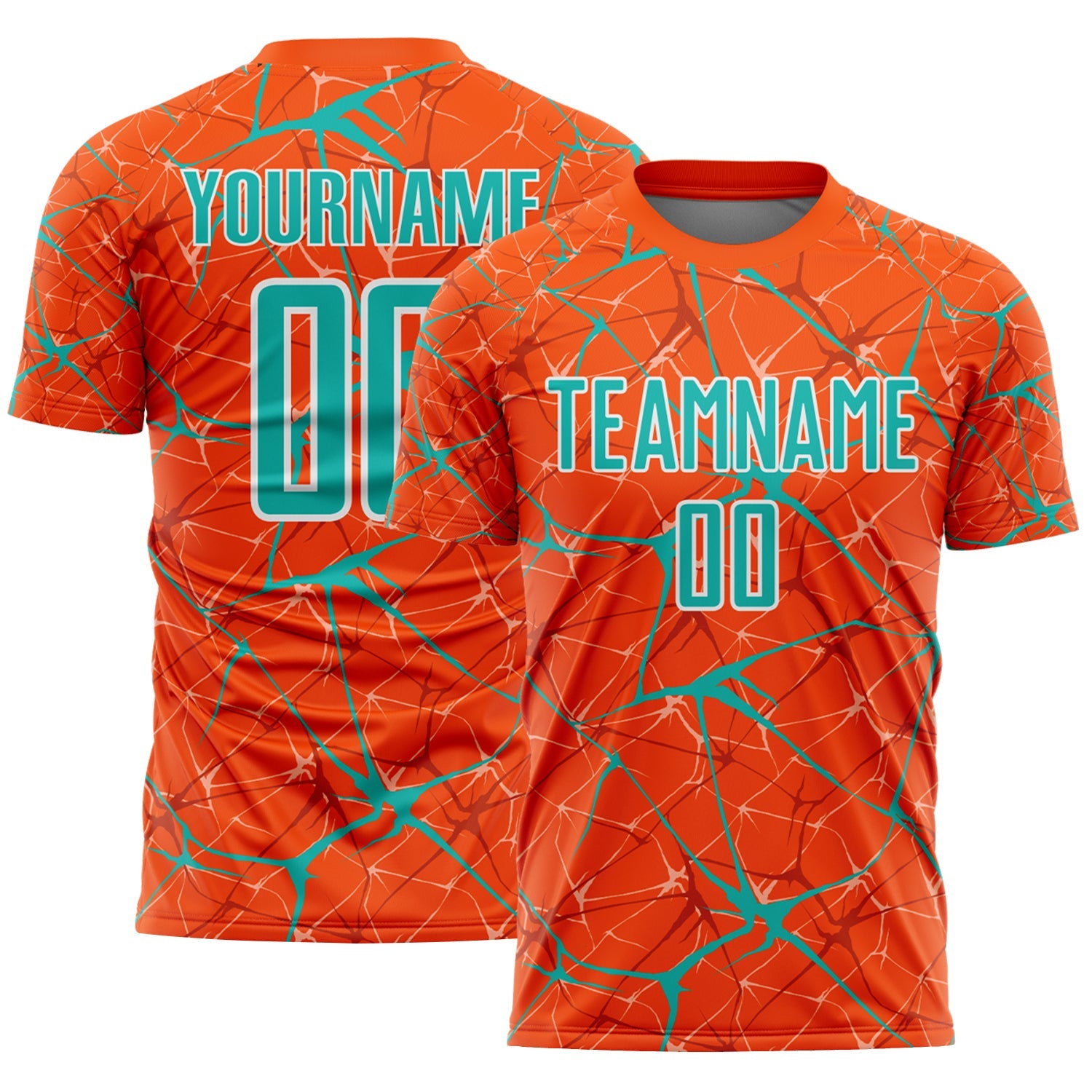 Custom Orange Aqua-White Abstract Network Crackle Sublimation Soccer Uniform Jersey - Main View