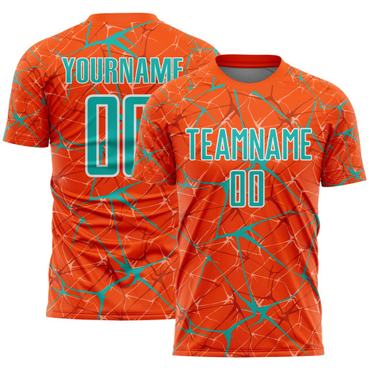 Custom Orange Aqua-White Abstract Network Crackle Sublimation Soccer Uniform Jersey - Main View