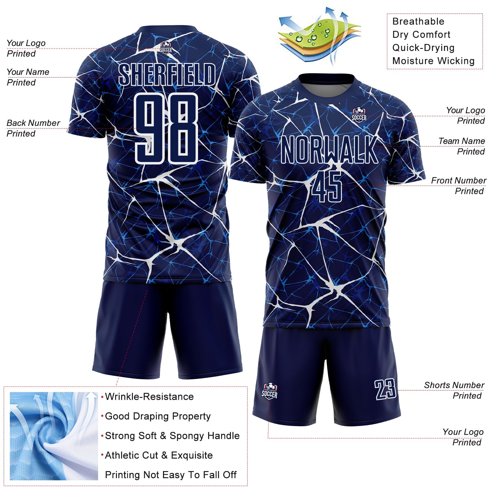 Custom Navy-White Abstract Network Crackle Sublimation Soccer Uniform Jersey view 4
