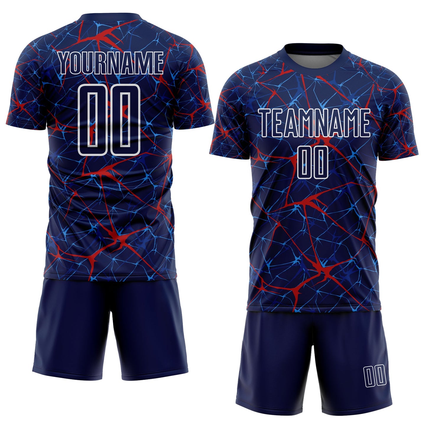 Custom Navy Red-White Abstract Network Crackle Sublimation Soccer Uniform Jersey view 2