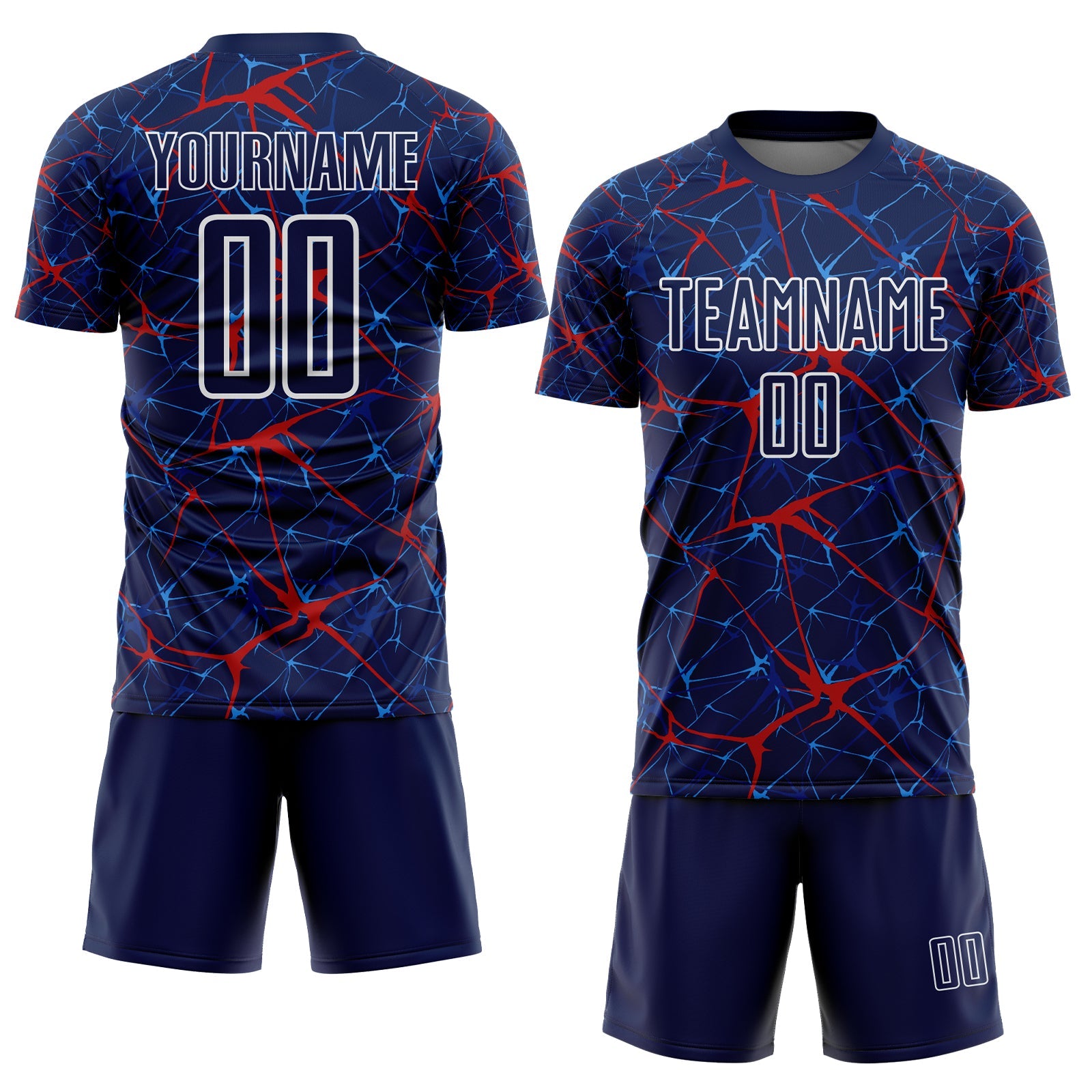Custom Navy Red-White Abstract Network Crackle Sublimation Soccer Uniform Jersey view 2