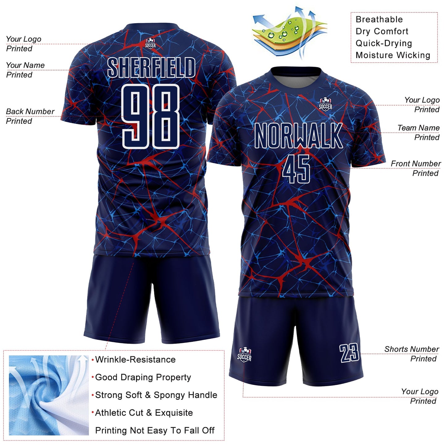Custom Navy Red-White Abstract Network Crackle Sublimation Soccer Uniform Jersey view 4