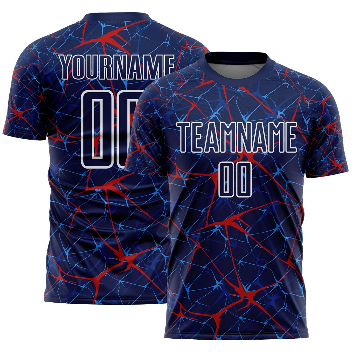 Custom Navy Red-White Abstract Network Crackle Sublimation Soccer Uniform Jersey - Main View
