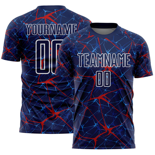 Custom Navy Red-White Abstract Network Crackle Sublimation Soccer Uniform Jersey - Main View