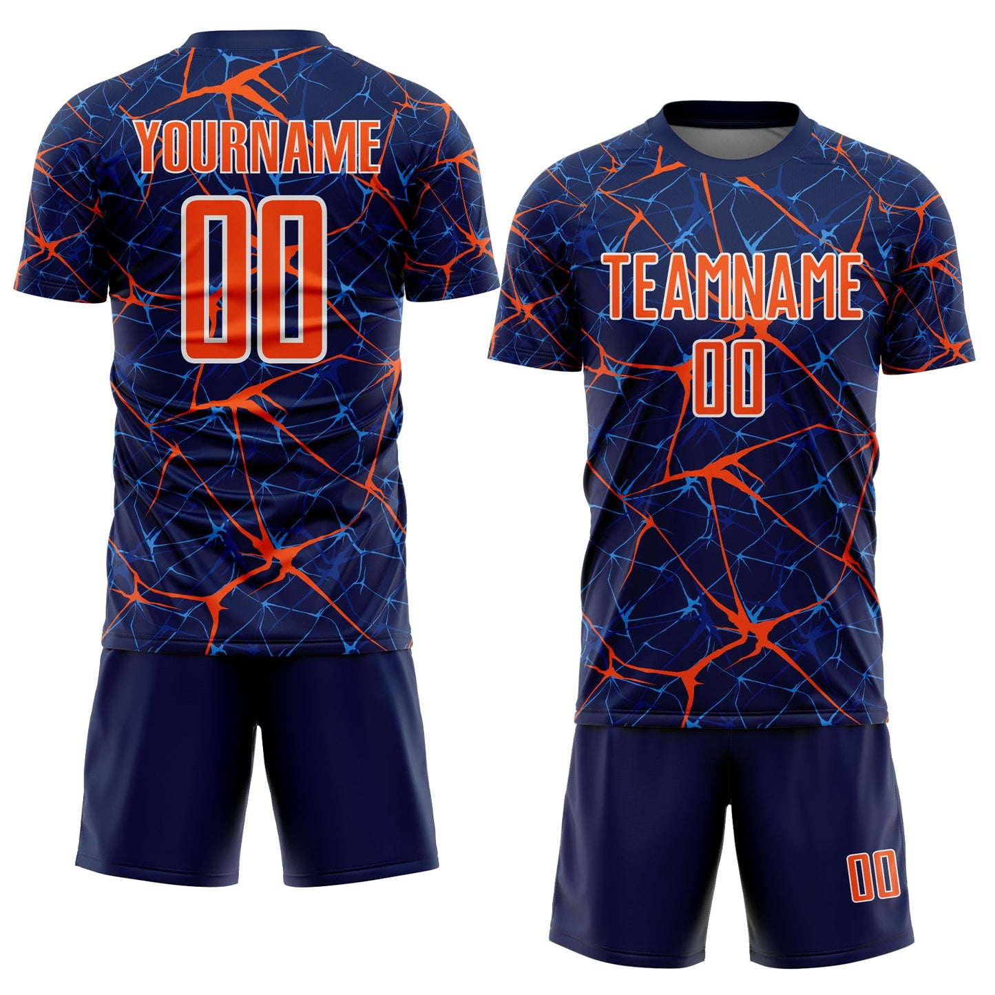 Custom Navy Orange-White Abstract Network Crackle Sublimation Soccer Uniform Jersey view 2