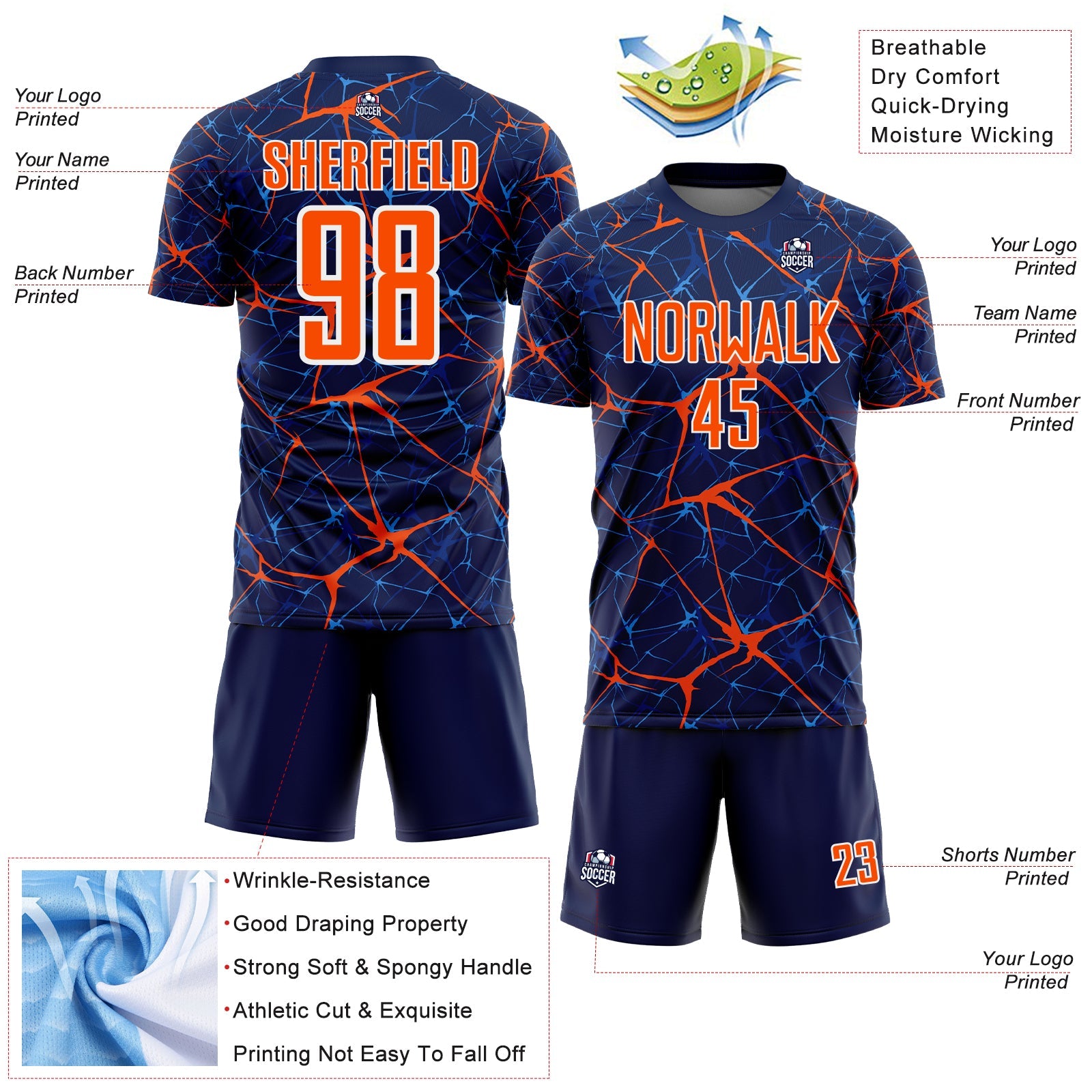 Custom Navy Orange-White Abstract Network Crackle Sublimation Soccer Uniform Jersey view 4