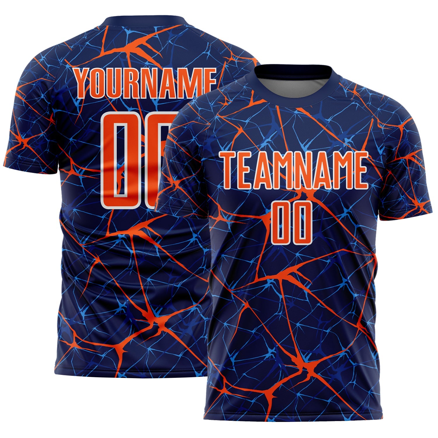 Custom Navy Orange-White Abstract Network Crackle Sublimation Soccer Uniform Jersey - Main View