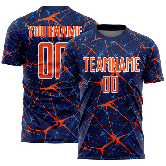 Custom Navy Orange-White Abstract Network Crackle Sublimation Soccer Uniform Jersey - Main View