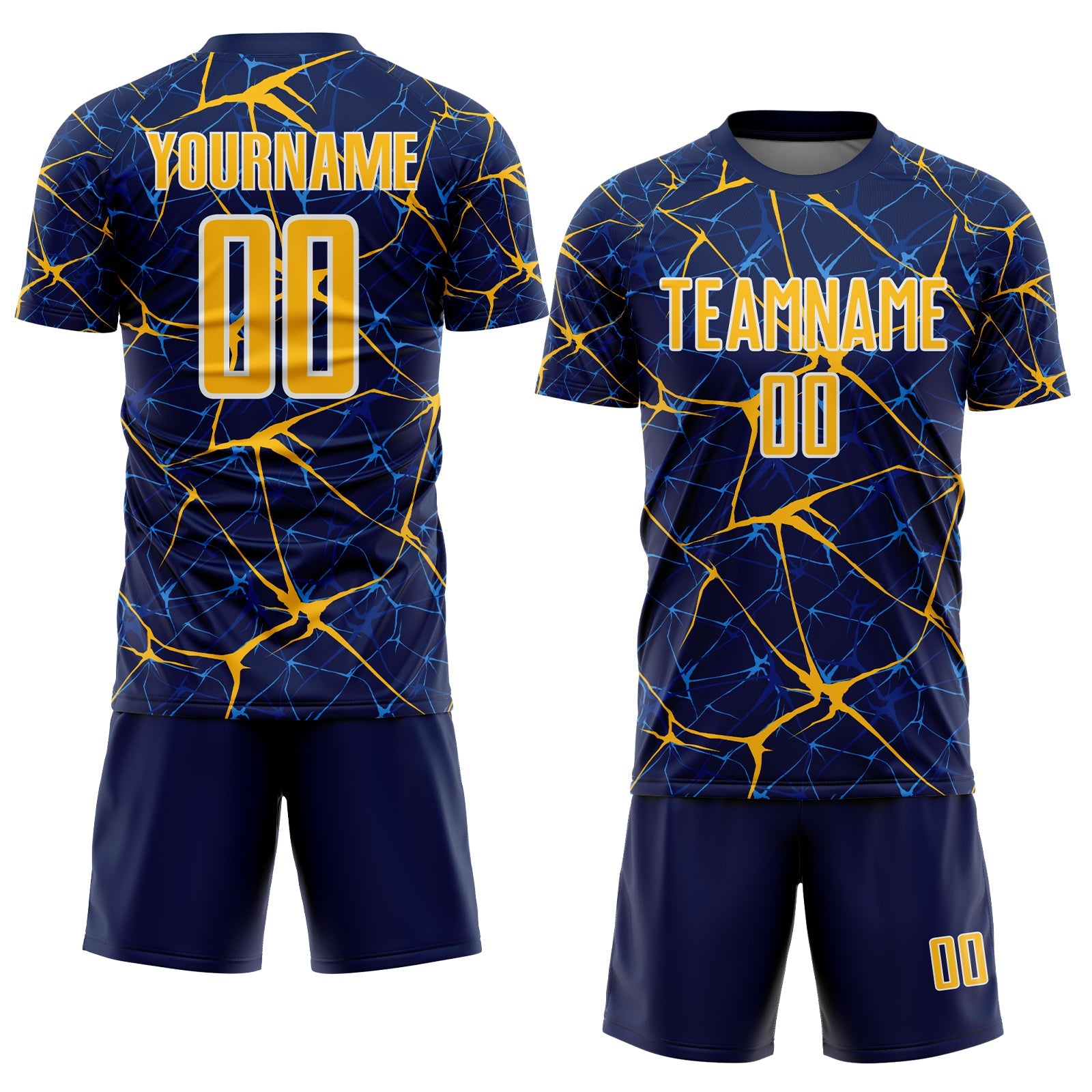 Custom Navy Gold-White Abstract Network Crackle Sublimation Soccer Uniform Jersey view 2