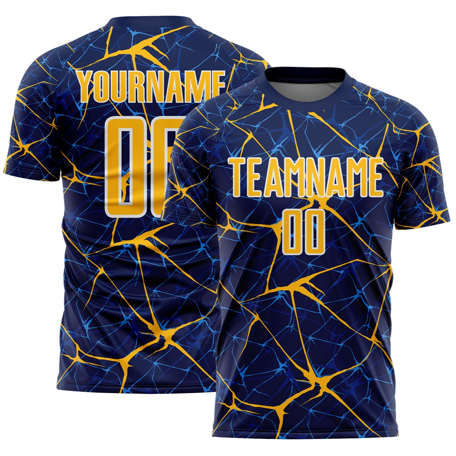 Custom Navy Gold-White Abstract Network Crackle Sublimation Soccer Uniform Jersey - Main View