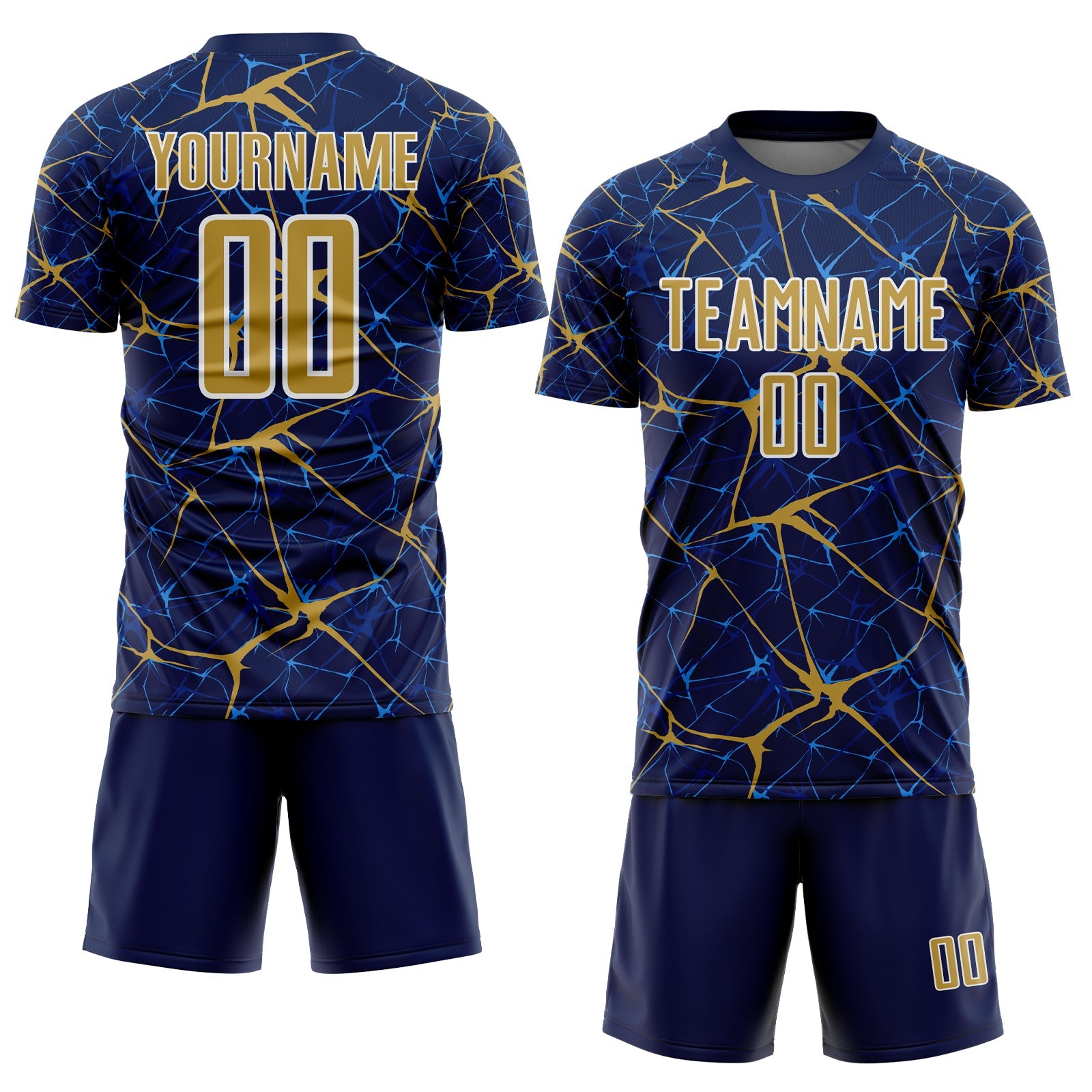 Custom Navy Old Gold-White Abstract Network Crackle Sublimation Soccer Uniform Jersey view 2