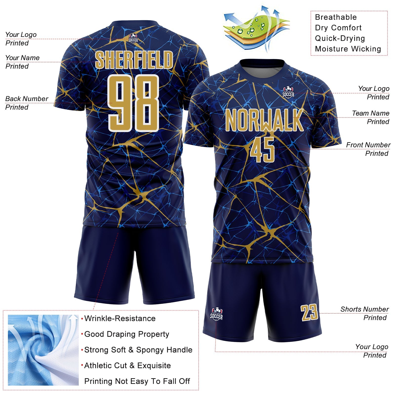 Custom Navy Old Gold-White Abstract Network Crackle Sublimation Soccer Uniform Jersey view 4