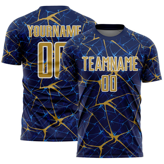 Custom Navy Old Gold-White Abstract Network Crackle Sublimation Soccer Uniform Jersey - Main View