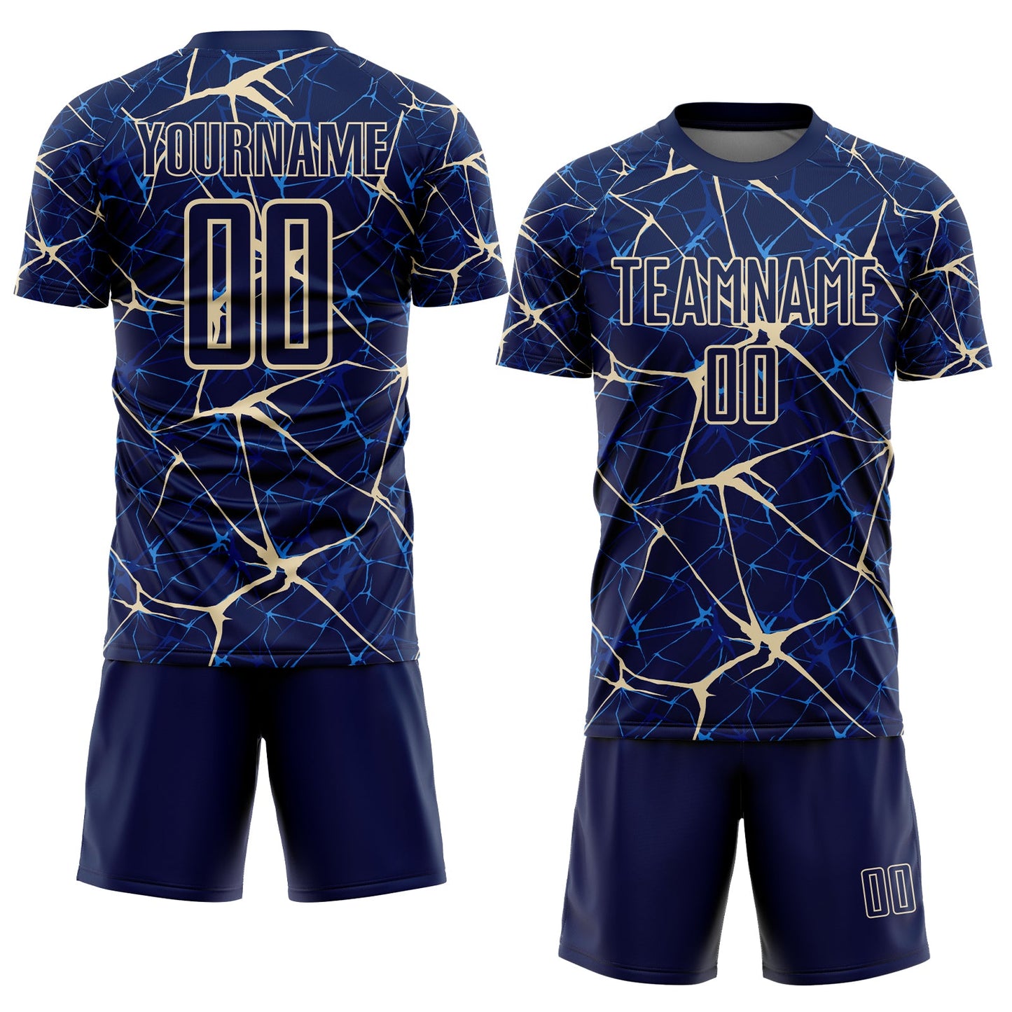 Custom Navy-Cream Abstract Network Crackle Sublimation Soccer Uniform Jersey view 2