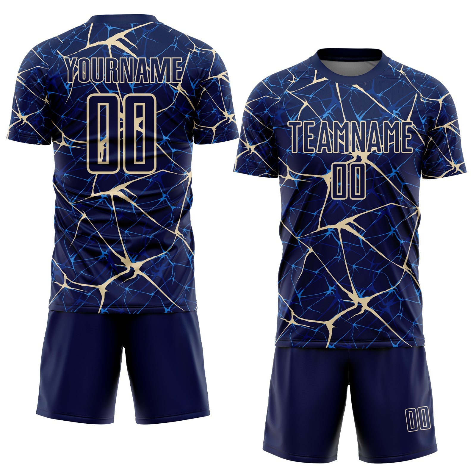 Custom Navy-Cream Abstract Network Crackle Sublimation Soccer Uniform Jersey view 2