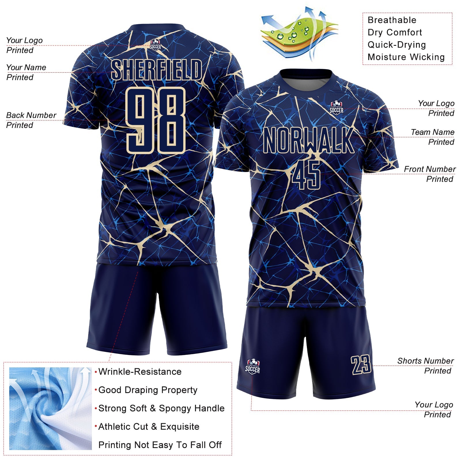 Custom Navy-Cream Abstract Network Crackle Sublimation Soccer Uniform Jersey view 4