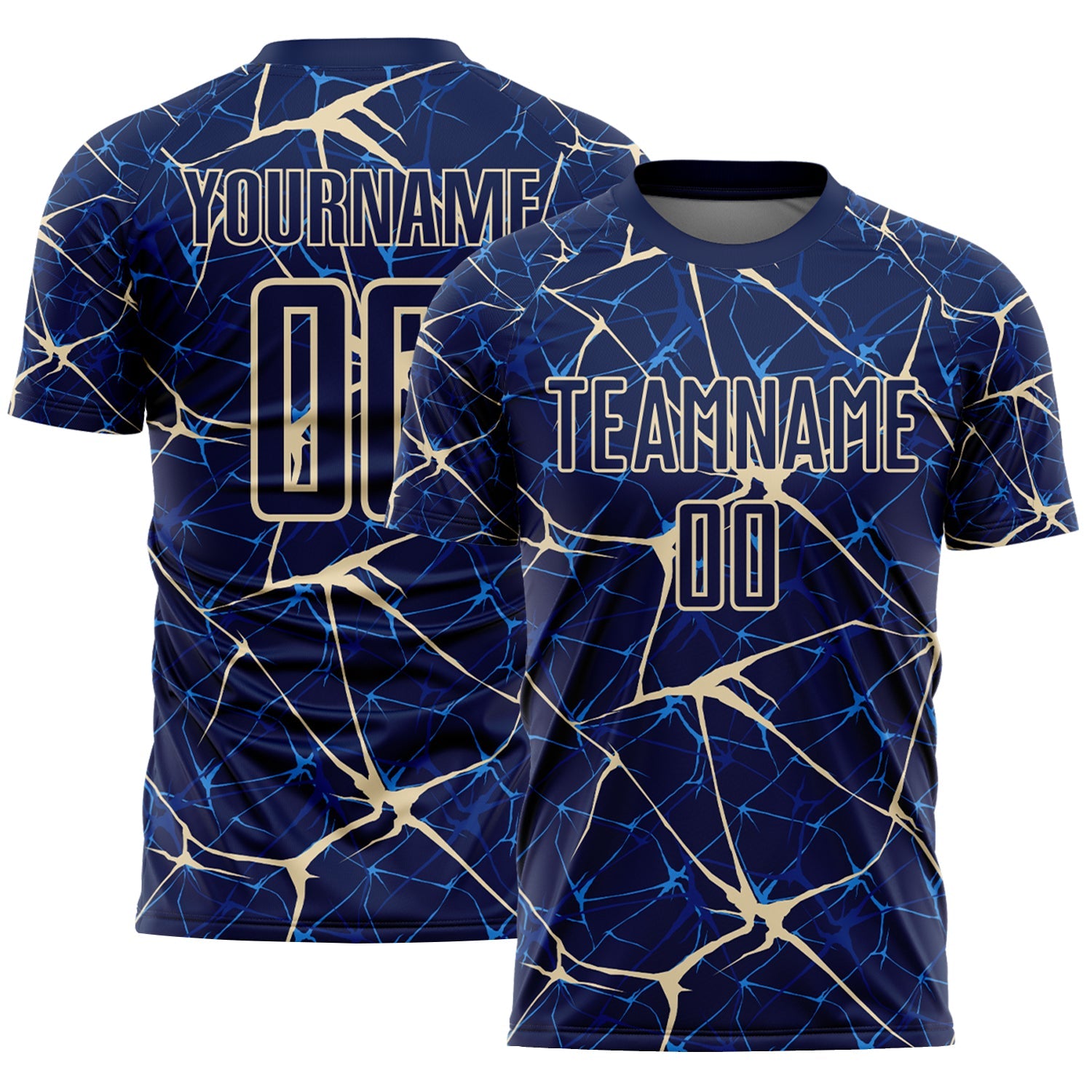 Custom Navy-Cream Abstract Network Crackle Sublimation Soccer Uniform Jersey - Main View
