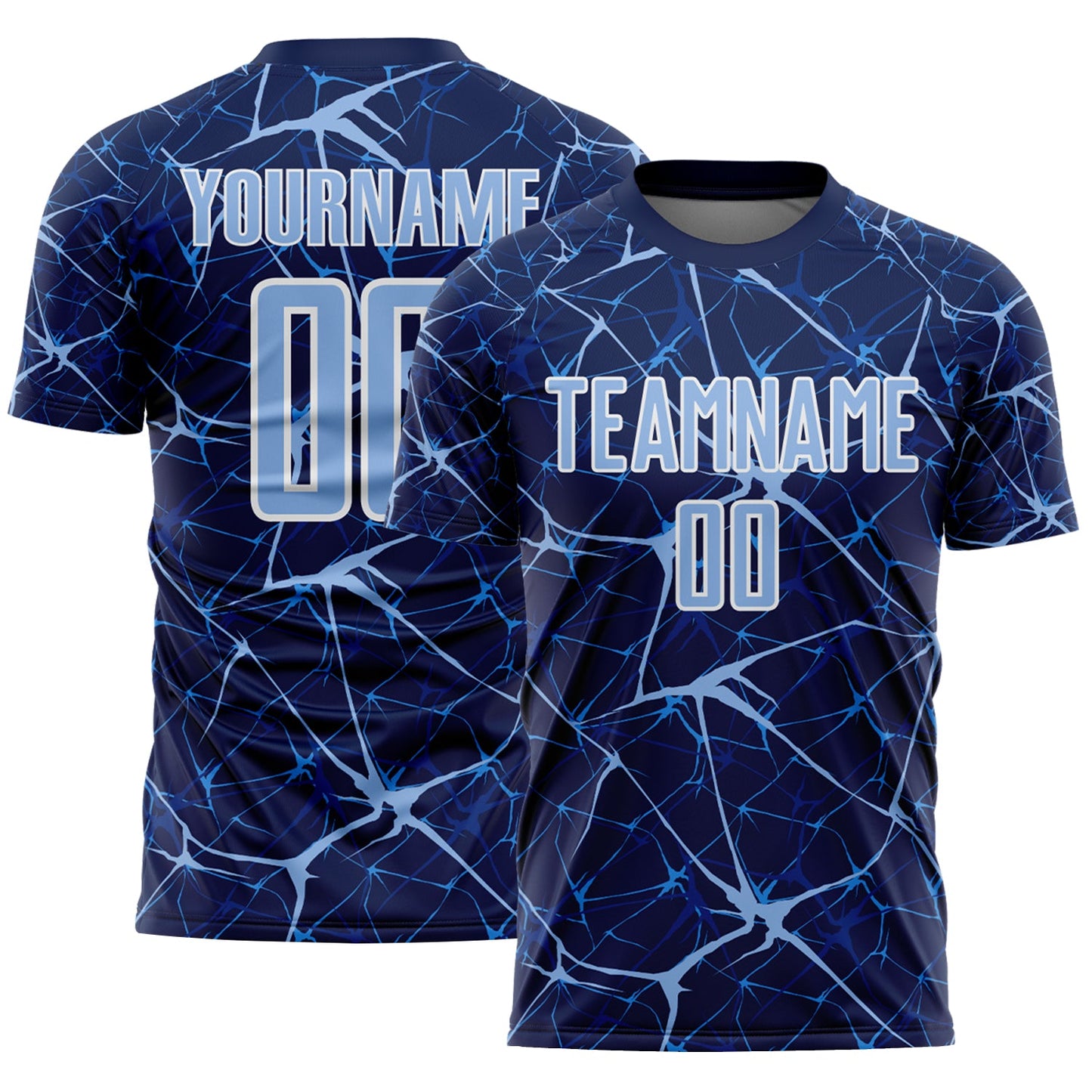 Custom Navy Light Blue-White Abstract Network Crackle Sublimation Soccer Uniform Jersey - Main View