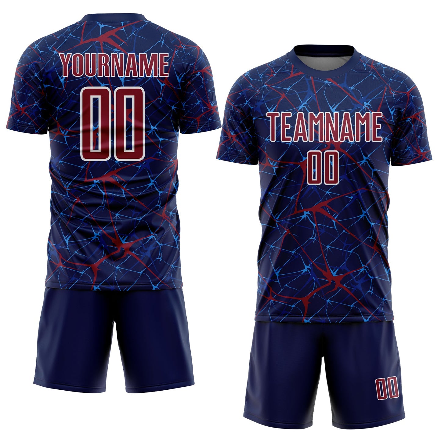Custom Navy Crimson-White Abstract Network Crackle Sublimation Soccer Uniform Jersey view 2