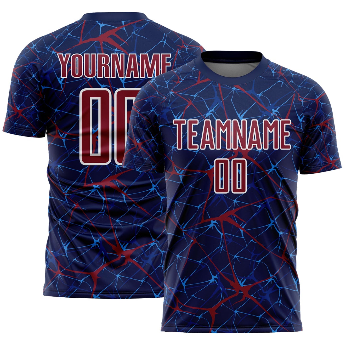 Custom Navy Crimson-White Abstract Network Crackle Sublimation Soccer Uniform Jersey - Main View