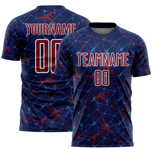 Custom Navy Crimson-White Abstract Network Crackle Sublimation Soccer Uniform Jersey - Main View