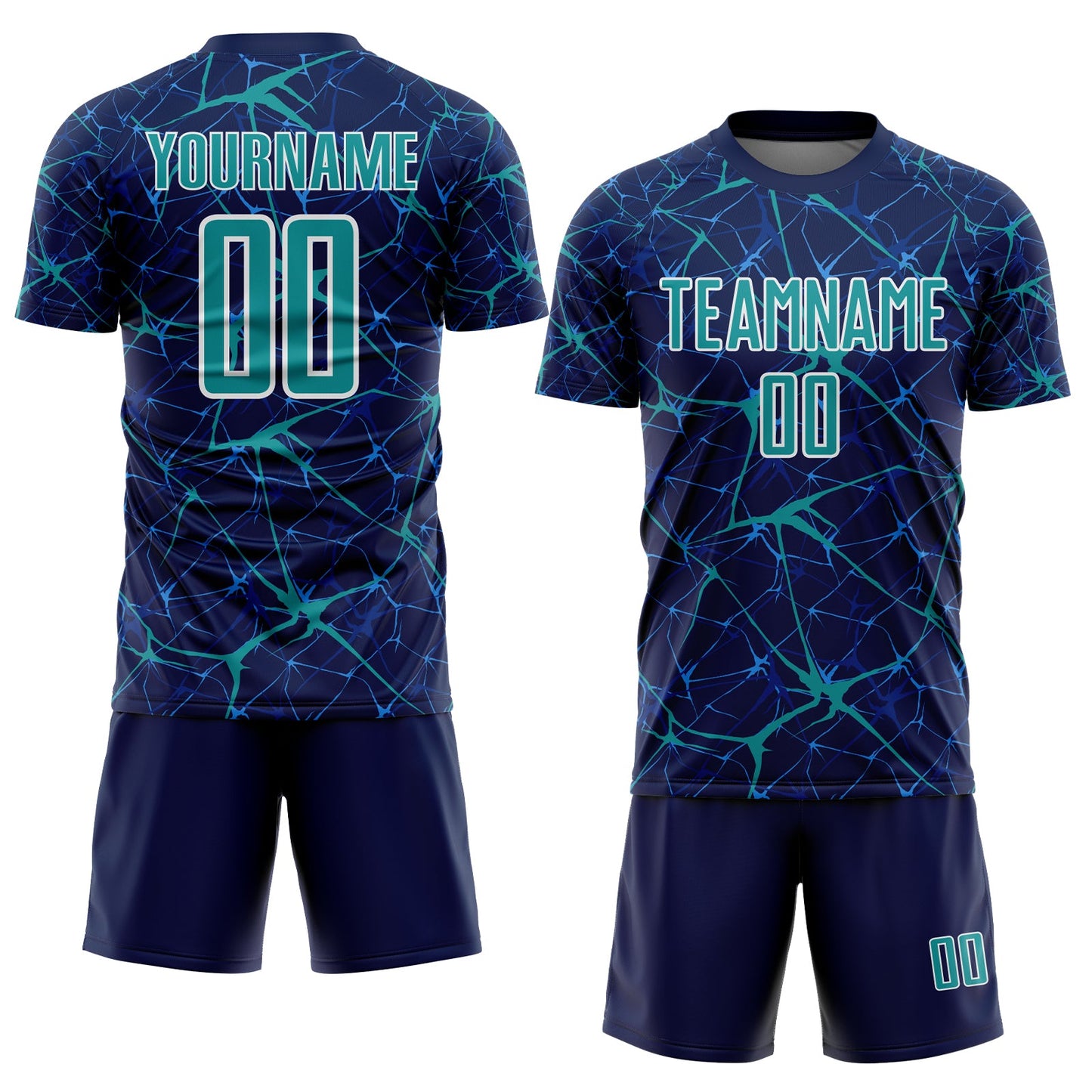 Custom Navy Teal-White Abstract Network Crackle Sublimation Soccer Uniform Jersey view 2