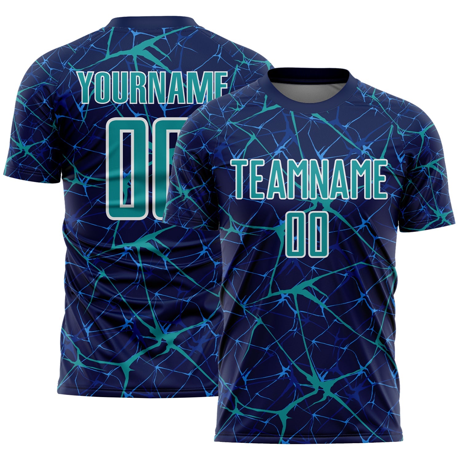 Custom Navy Teal-White Abstract Network Crackle Sublimation Soccer Uniform Jersey - Main View