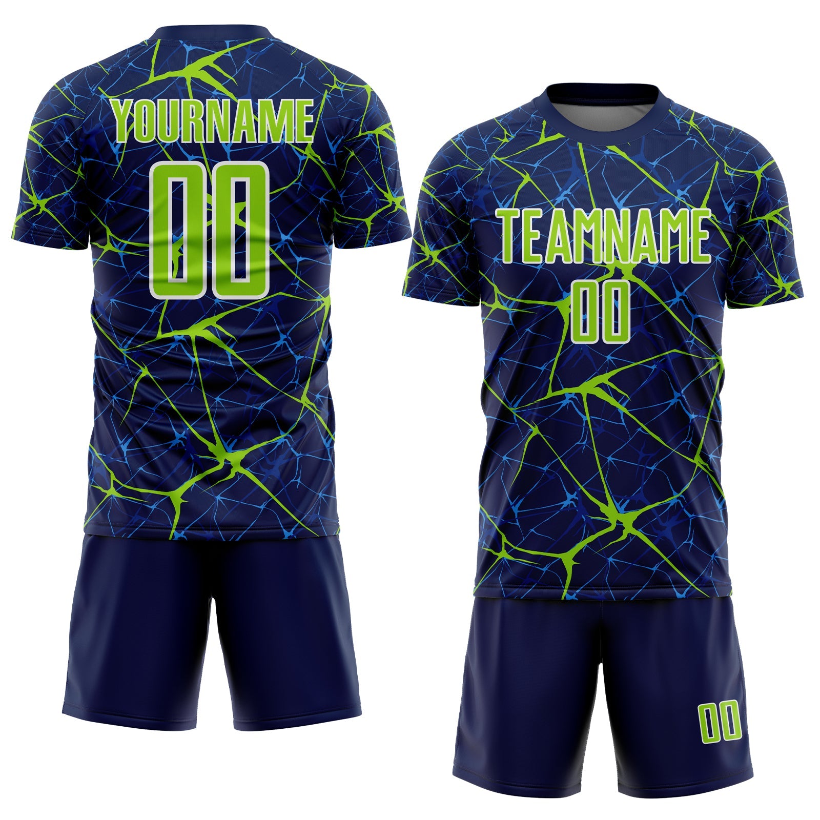 Custom Navy Neon Green-White Abstract Network Crackle Sublimation Soccer Uniform Jersey view 2