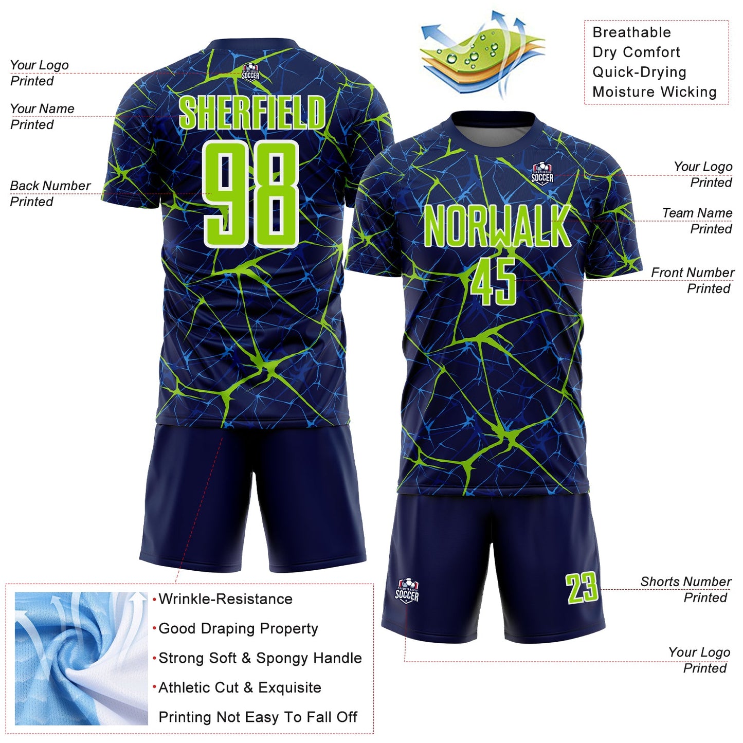 Custom Navy Neon Green-White Abstract Network Crackle Sublimation Soccer Uniform Jersey view 4