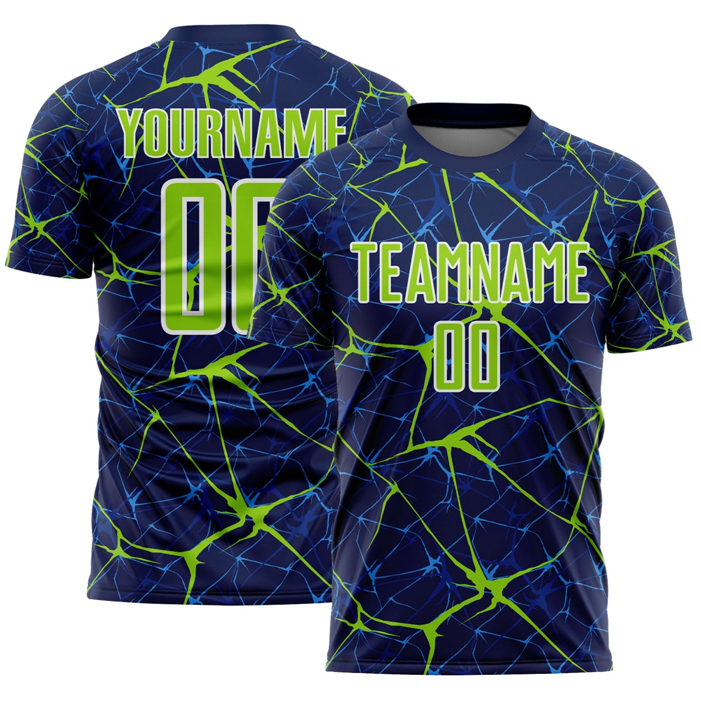 Custom Navy Neon Green-White Abstract Network Crackle Sublimation Soccer Uniform Jersey - Main View