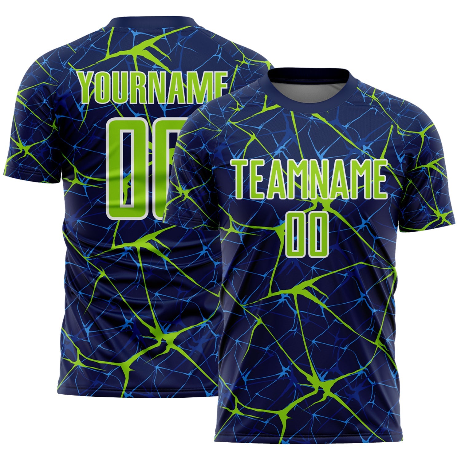 Custom Navy Neon Green-White Abstract Network Crackle Sublimation Soccer Uniform Jersey - Main View