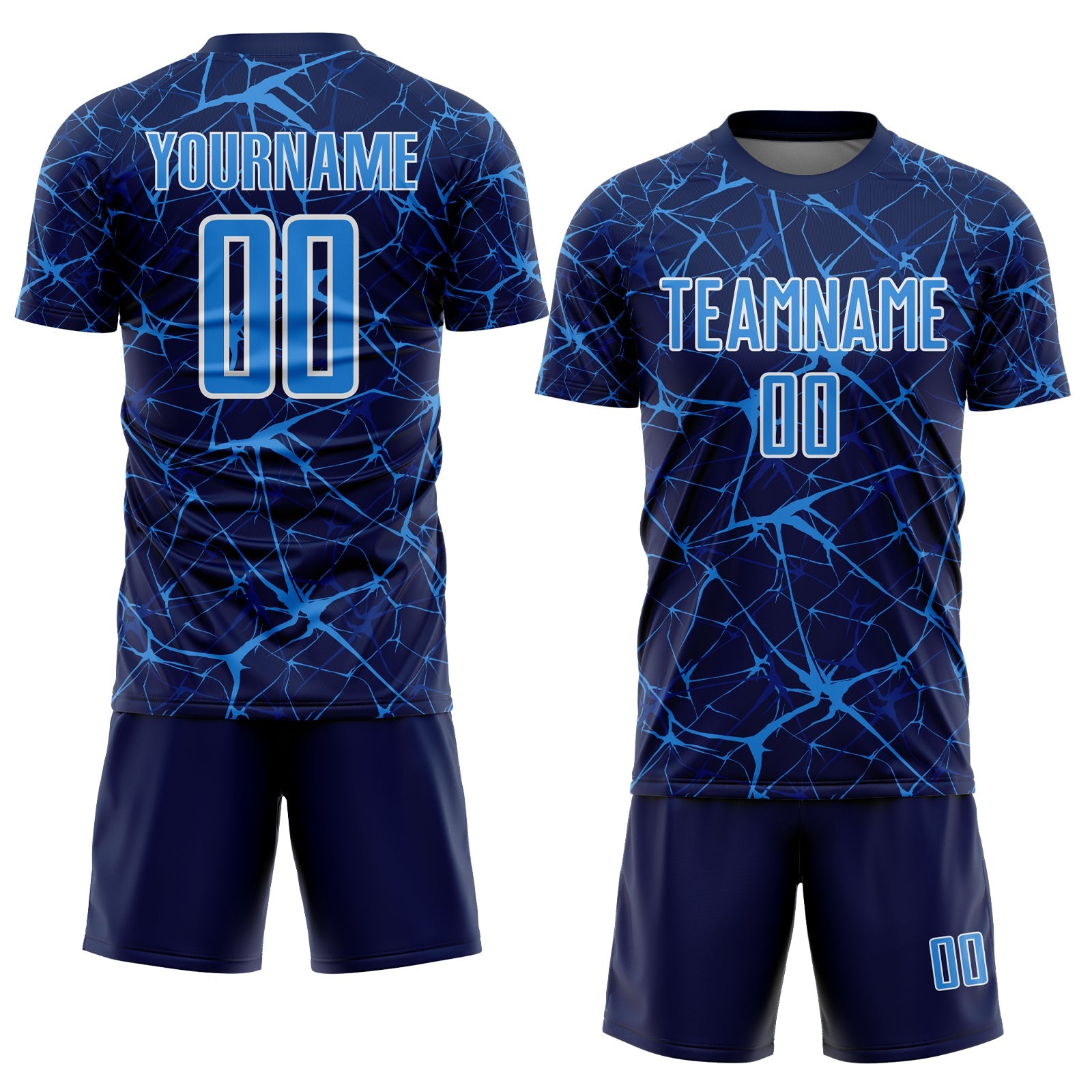 Custom Navy Powder Blue-White Abstract Network Crackle Sublimation Soccer Uniform Jersey view 2